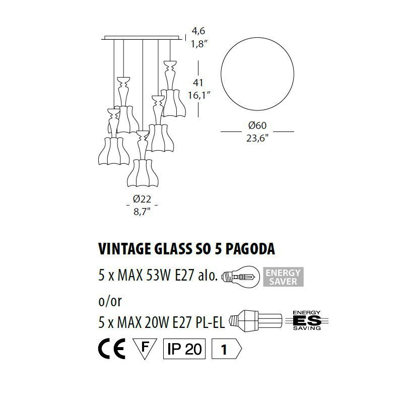 Подвесной светильник Evi Style Vintage glass SO5 Pagoda ES0226SO04SR